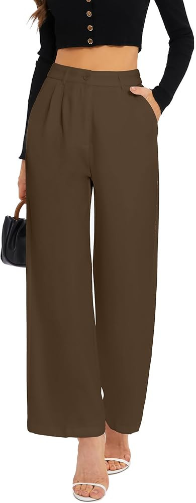 FUNYYZO Wide Leg Pants Women's High Elastic Waisted in The Back Business Work Trousers Long Strai... | Amazon (US)