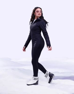 ASOS 4505 belted ski suit with skinny leg and hood in black | ASOS (Global)