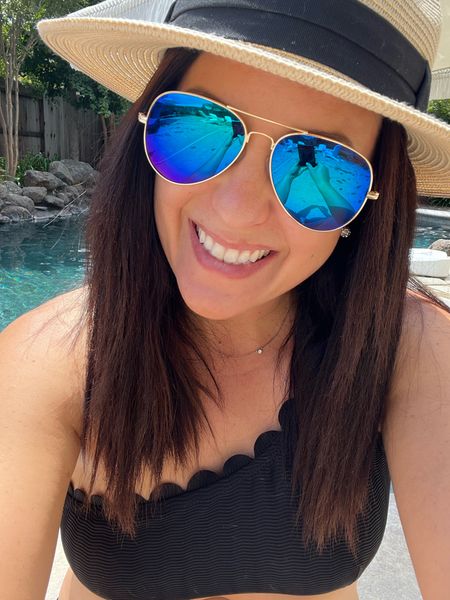 Pool day essentials. These polarized aviators come in a 2 pack ($16) and are identical to my Ray Bans! My Sun hat is packable and blocks uv rays. This one shoulder scalloped edge CupShe bikini is super flattering and affordable. 

#LTKtravel #LTKSeasonal #LTKswim