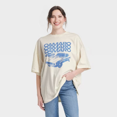Women's Camaro Oversized Short Sleeve Graphic T-Shirt - Off-White XS | Target
