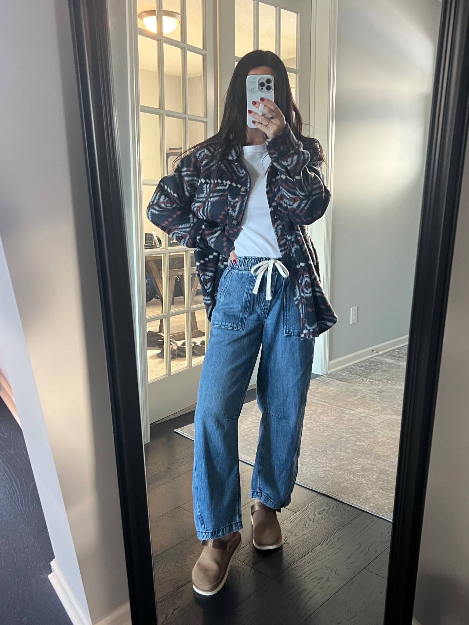 These barrel jeans have quickly become a cozy fav! So comfy with the drawstring waist, and just the perfect easy barrel shape. Added my fave long sleeve fitted tee underneath and a closet layer for running errands and PTO meeting today! 

#LTKOver40 #LTKSaleAlert #LTKootd