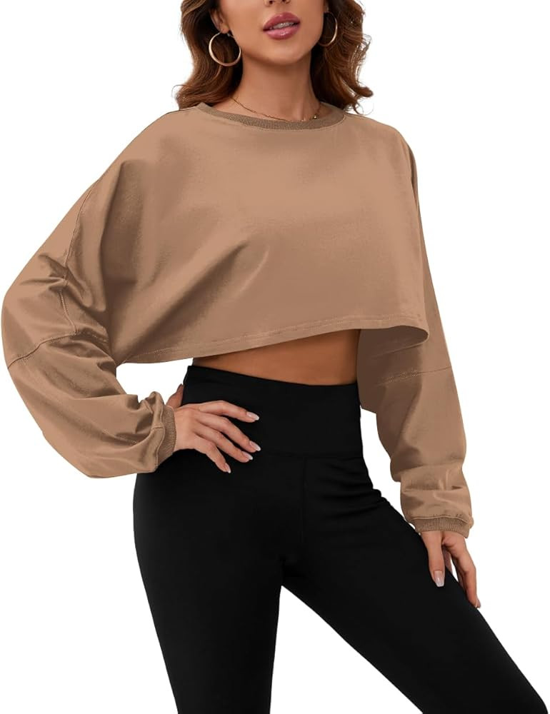 Meladyan Women Long Sleeve Crewneck Crop Top Tee Shirt Sweatshirt Casual Solid Loose Fit Workout ... | Amazon (US)