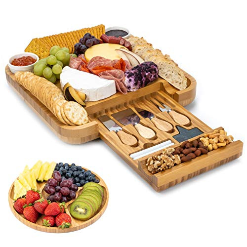 Cheese Board 2 Ceramic Bowls 2 Serving Plates. Magnetic 4 Drawers Bamboo Charcuterie Cutlery Knif... | Amazon (US)