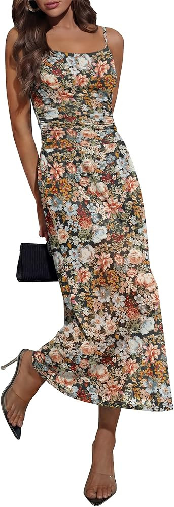 Caracilia Womens Summer Midi Dress Mesh Floral Spaghetti Strap Ruched Cocktail Party Wedding Gues... | Amazon (US)