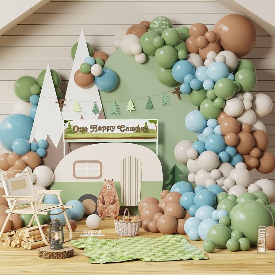 One Happy Camper Birthday Decorations,145Pcs Camping Balloon Arch Garland Kit Blue Green Brown Ba... | Amazon (US)