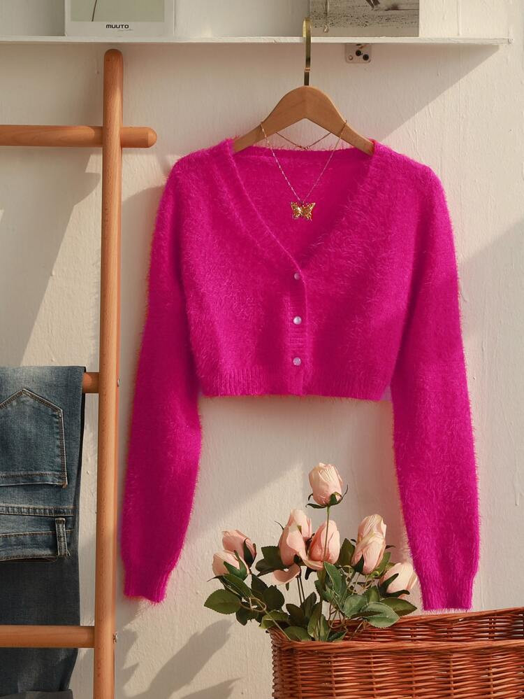 Fuzzy Knit Button-Front Cropped Cardigan | ROMWE