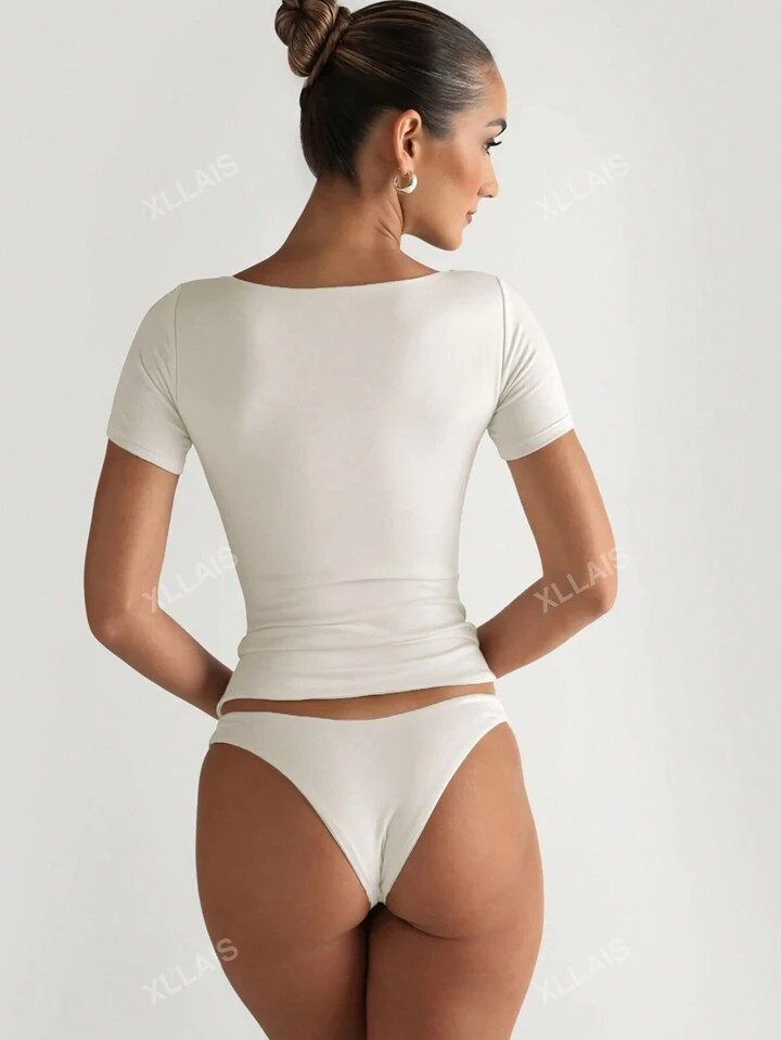 Solid Short Sleeve Square Neck Basics Women Top Black Stretch Slimming T Shirt | SHEIN