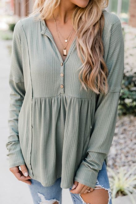 Beautiful Things Waffle Knit Sage Blouse | The Pink Lily Boutique