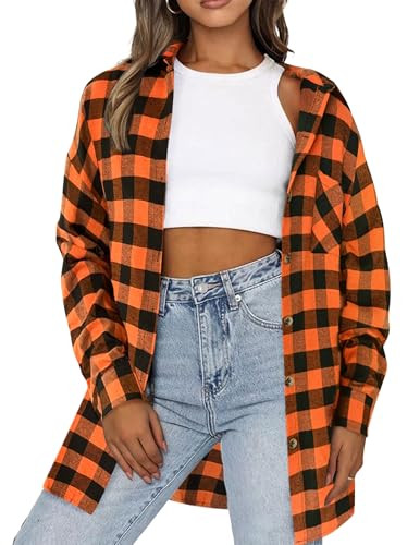 HOTOUCH Thanksgiving Womens Fall Orange Plaid Flannel Shirt Classic Checkered Shackets Casual Collared Long Sleeve Boyfriend Button Down Tops Orange XL | Amazon (US)