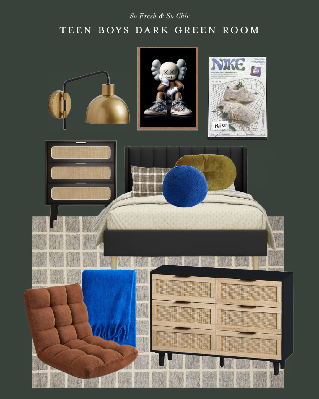 Teen boys green room with a focus on neutral furniture and a rug that will last and a cobalt blue touches for some color! Walls are In the Garden by Benjamin Moore.
-
H&M home - Wayfair - Walmart furniture finds - velvet upholstered bed - checked rug chris loves Julia Loloi Polly rug - cobalt blue boucle ball pillow - cobalt blue throw blanket - plaid rug - plaid throw pillow studio McGee target finds - rattan and black nightstand - rattan and black dresser - affordable bedroom furniture - teen boy bedroom design moodboard - affordable home decor - bedroom decor - brass wall sconce - hypebeast printable art Etsy digital art print - Nike art print - brown floor chair - tween boy room 

#LTKHome #LTKFindsUnder100 #LTKKids