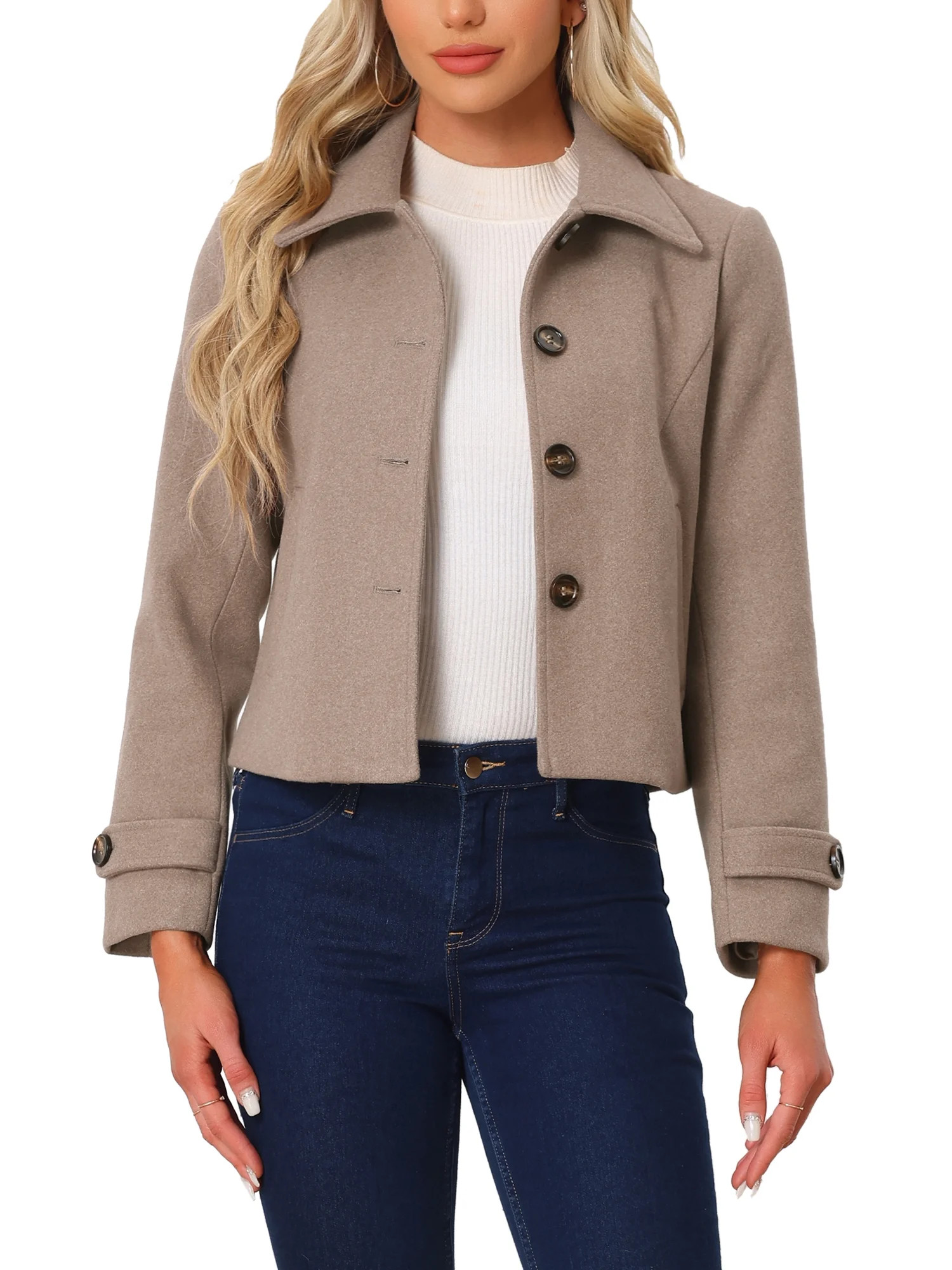INSPIRE CHIC Women's Turn Down Collar Single Breasted Short Peacoat Dark Beige XL | Walmart (US)