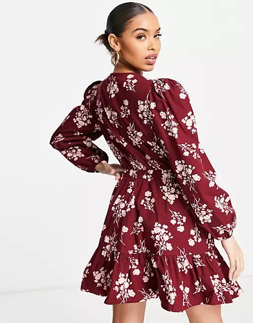 NA-KD long sleeve floral dress in burgundy | ASOS | ASOS (Global)