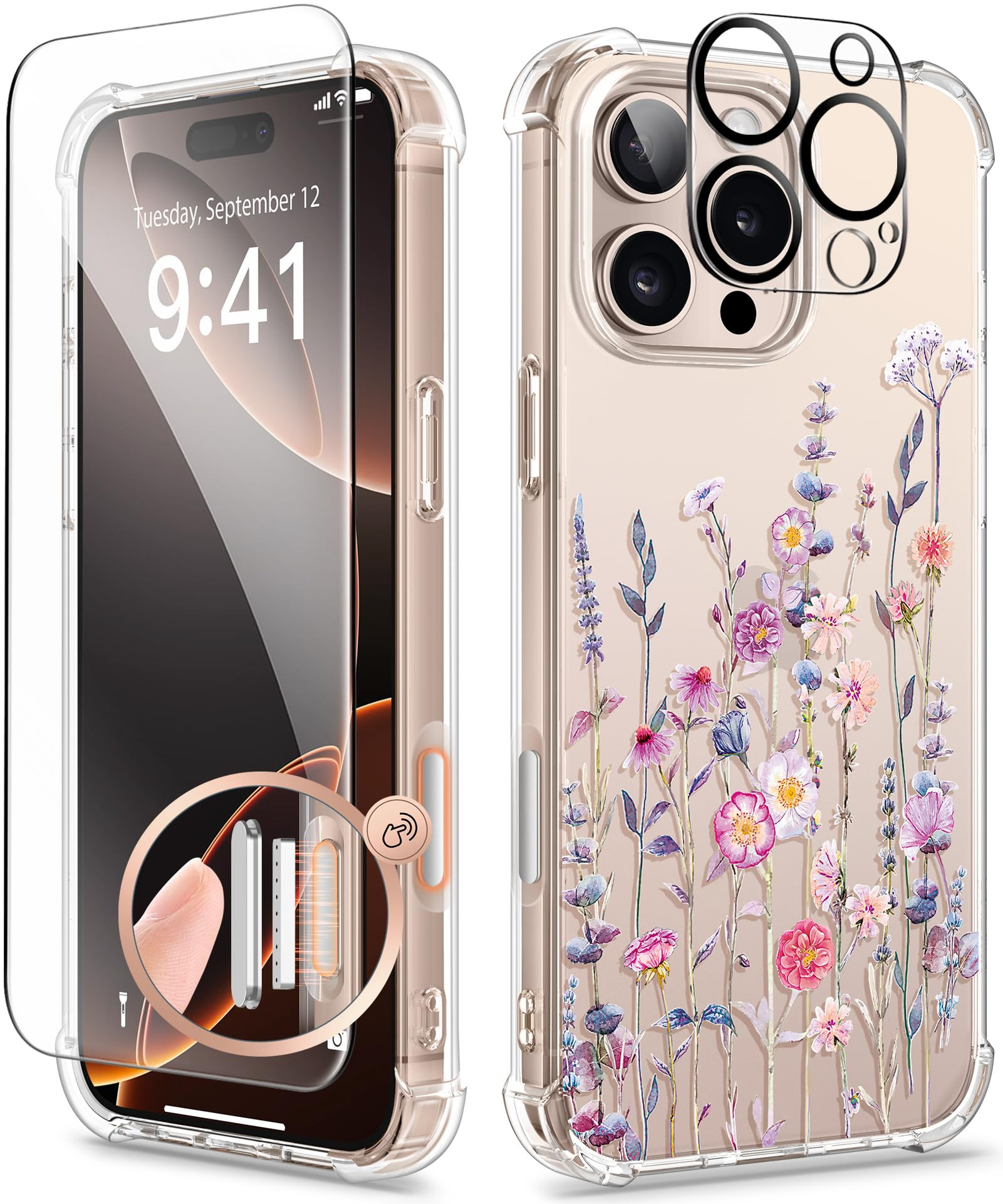 GVIEWIN for iPhone 16 Pro Case, with Screen Protector & Camera Lens Protector, Floral Shockproof ... | Amazon (US)