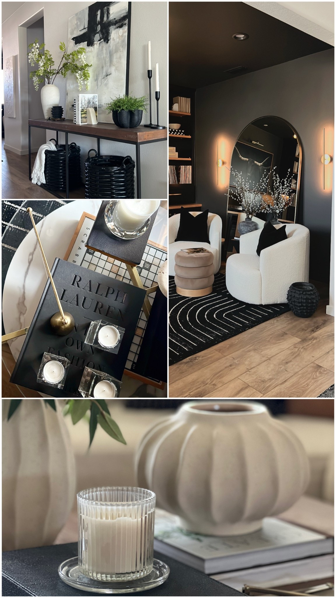 My home is three basic colors: black, white, and brown. It’s neutral, but doesn’t feel boring because we use a lot of rich textures and lots of greenery. Black and white decor, coffee table styling, moody room decor, black baskets, console table styling, arched floor mirror, rechargeable sconces

#LTKHome #LTKSaleAlert
