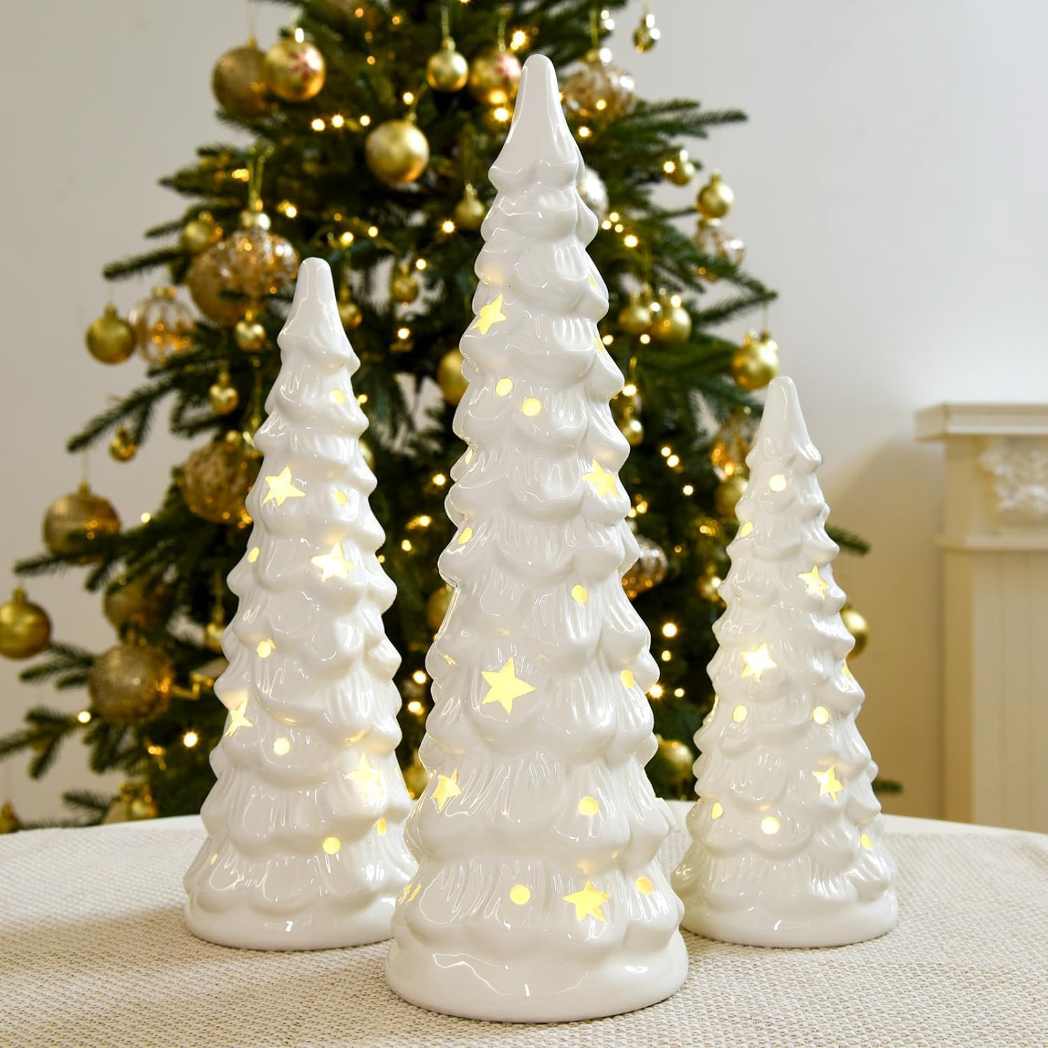 Set of 3 White Ceramic Christmas Trees Tabletop Christmas Tree with Stars and Dots Cutouts Cerami... | Amazon (US)