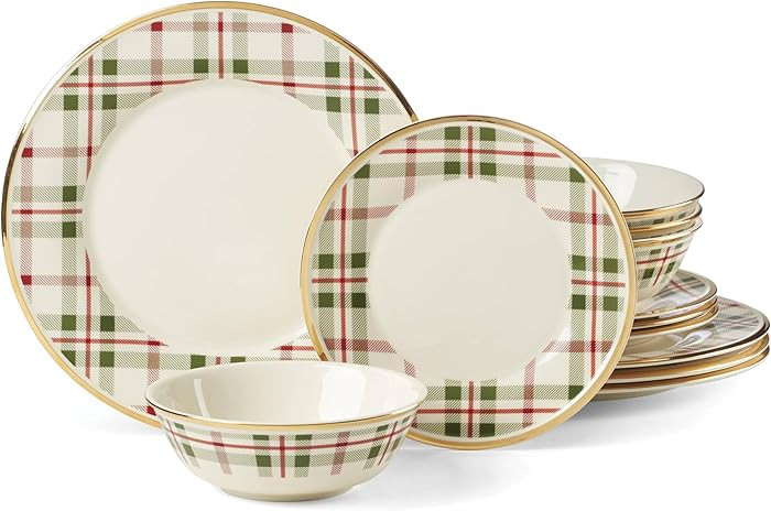 Lenox 894963 Holiday Plaid 12-Piece Dinnerware Set, Red & Green, Christmas, Hosting | Amazon (US)