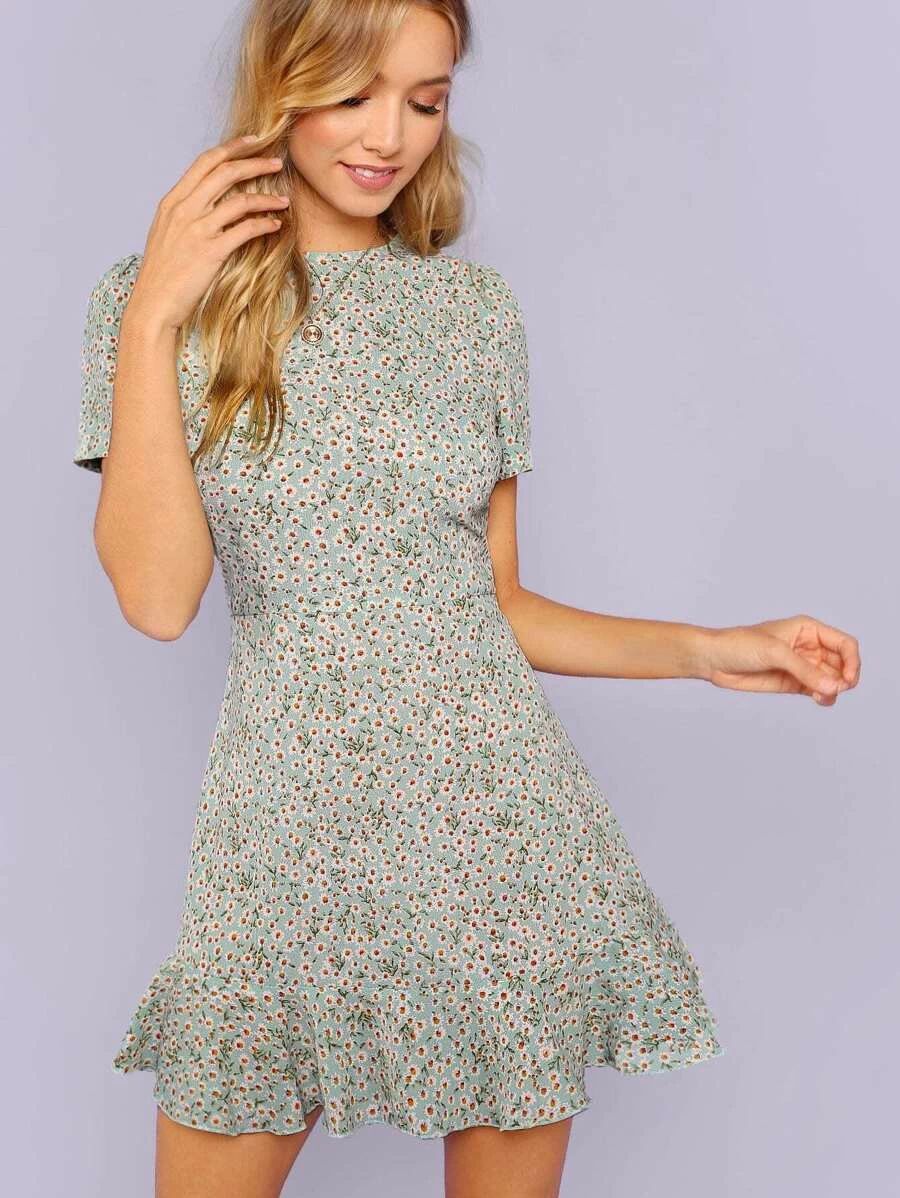 Allover Floral Print Ruffle Hem Textured Dress | SHEIN