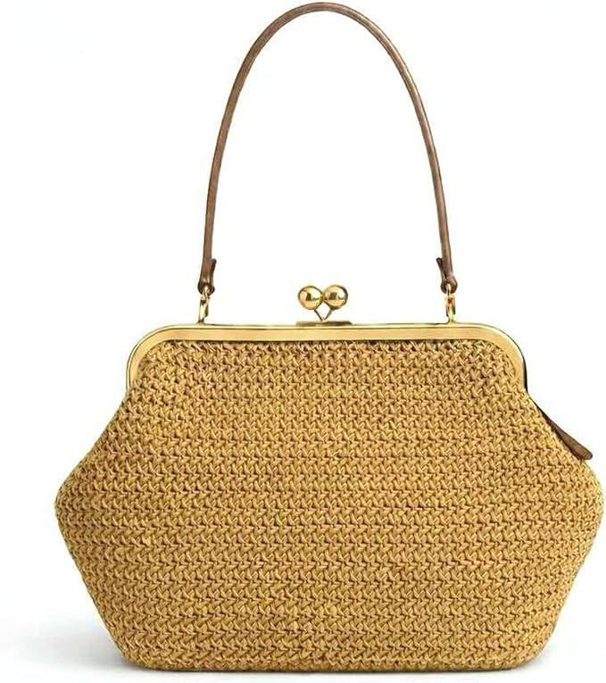 Kisslock Straw Tote Bag, Straw Shoulder Handbag with Retro Metal Clasp, Summer Beach Purse for Va... | Amazon (US)