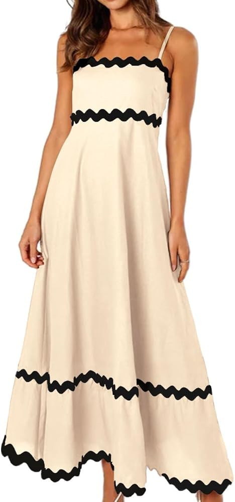 Women Spaghetti Strap Rickrack Trim Flowy Maxi Dress Sleeveless Smocked A-line Boho Flared Long D... | Amazon (US)