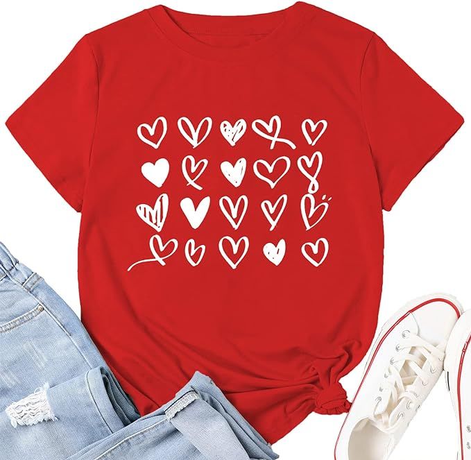 Valentine's Day T Shirts for Women Cute Heart Print Graphic Tees Casual Short Sleeve Top | Amazon (US)