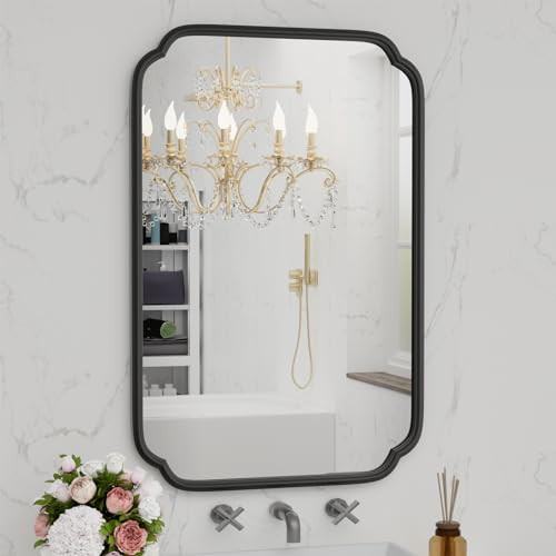 Ferytange Black Bathroom Vanity Mirrors for Over Sink 24" x 36" Modern Rounded Corner Rectangle Mirror with Non-Rusting Iron Metal Framed Wall Mounted Decorative Mirror (Horizontal/Vertical) | Amazon (US)
