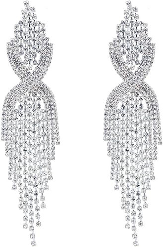 CHRAN Silver Teardrop Crystal Long Tassels Dangle Earrings Sparkling Rhinestone Ladies Gifts | Amazon (US)