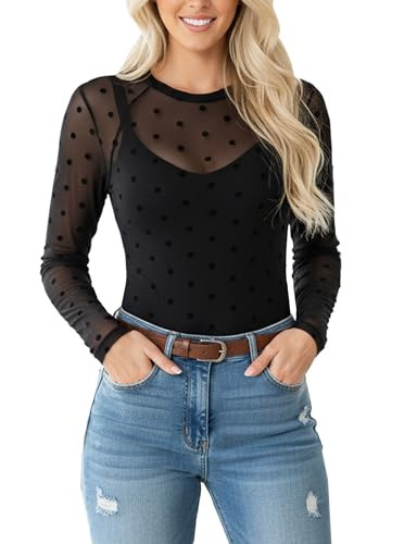 Floral Mesh Top for Women Crew Neck Long Sleeve See Through Tee Shirts Fitted Sexy Going Out Tops | Amazon (US)
