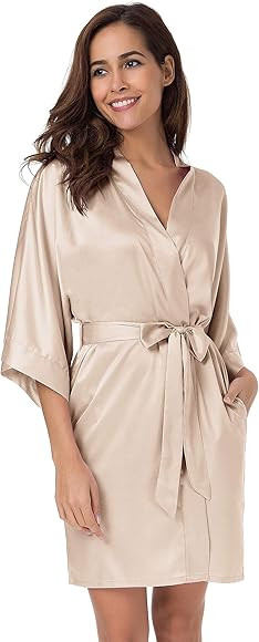 SIORO Women's Satin Robe Silk Kimono Bathrobe for Bride Bridesmaids Wedding Party Loungewear Short S | Amazon (US)
