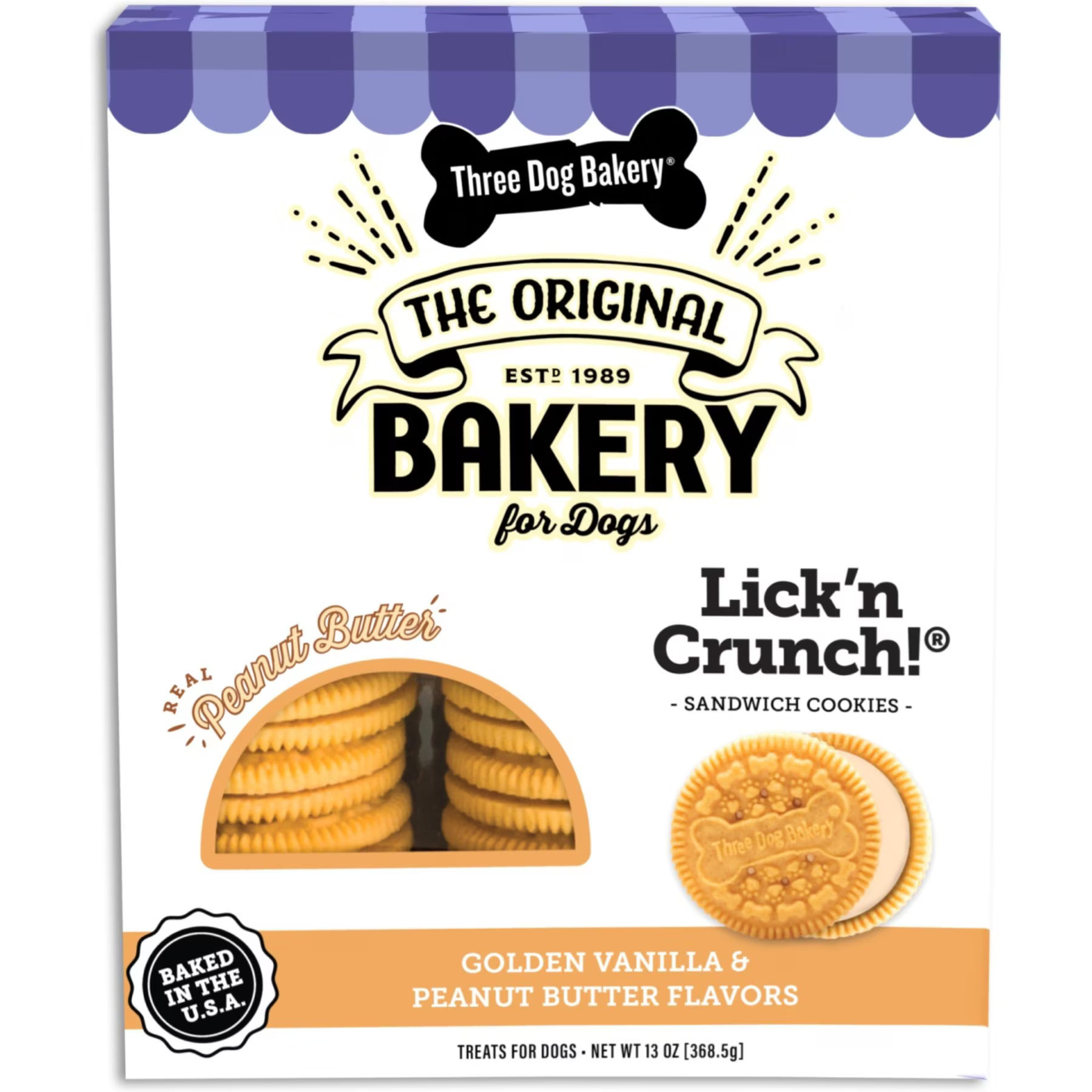 Three Dog Bakery Cremes Golden Cookies Vanilla Dog Treats, 13-oz box | Chewy