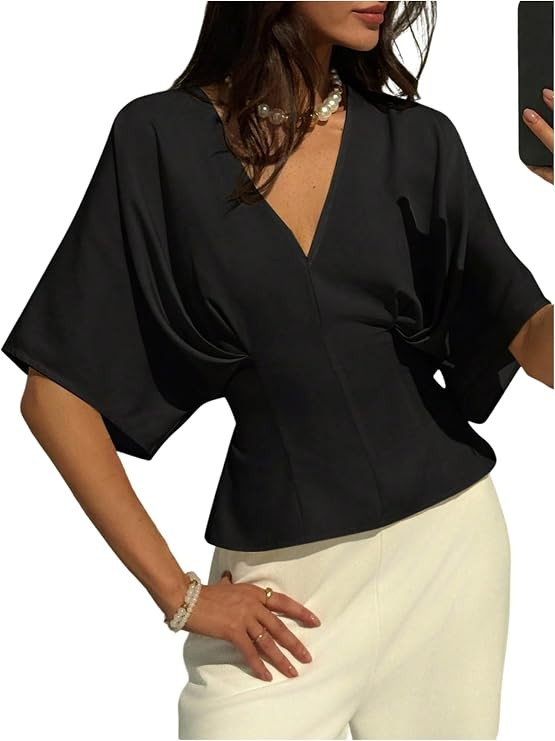 Floerns Women's Elegant Blouse V Neck Dolman Sleeve Tie Back Dressy Casual Shirts | Amazon (US)