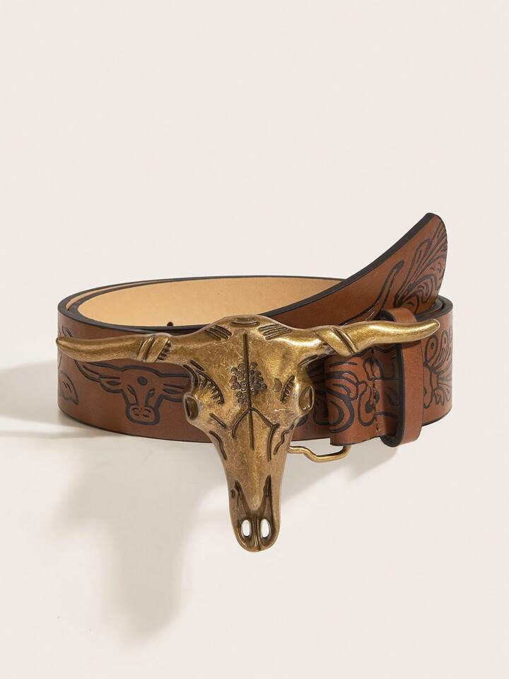 1pc Vintage Style Western Cowgirl Antique Gold Buckle Printed Leather Belt For Women, Casual Wear | SHEIN