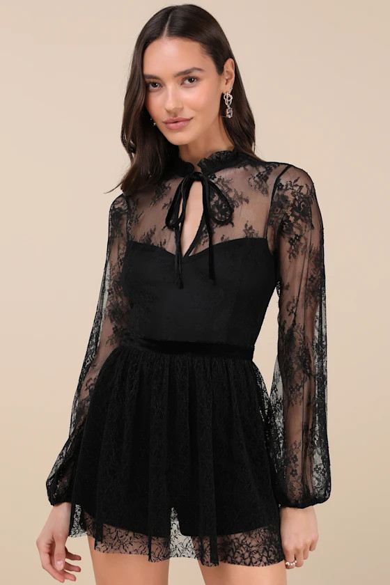 Incredibly Darling Black Lace Tie-Neck Romper | Lulus