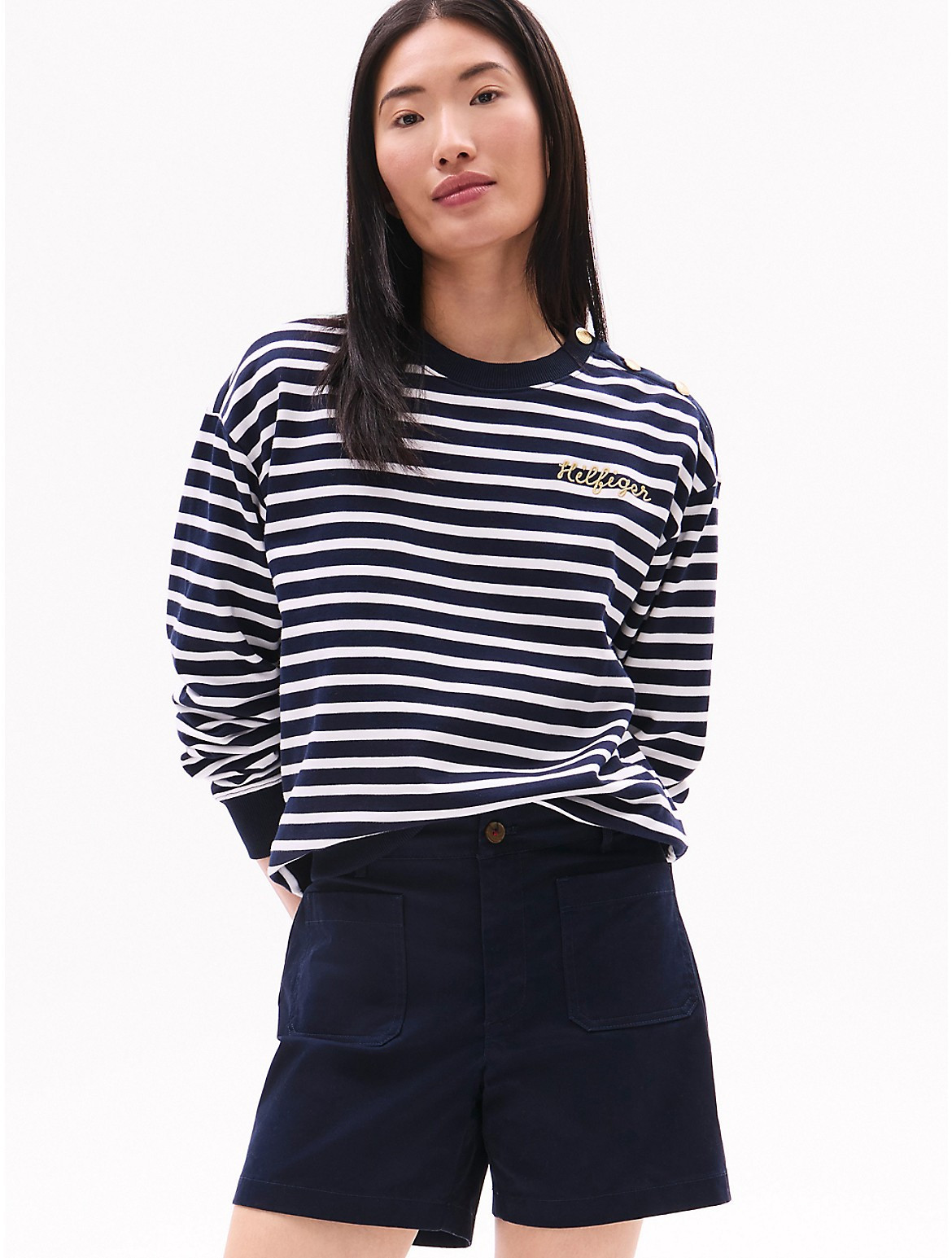 Tommy Hilfiger Women's Gold Button Stripe Crewneck Sweatshirt - Navy - S | Tommy Hilfiger (US)