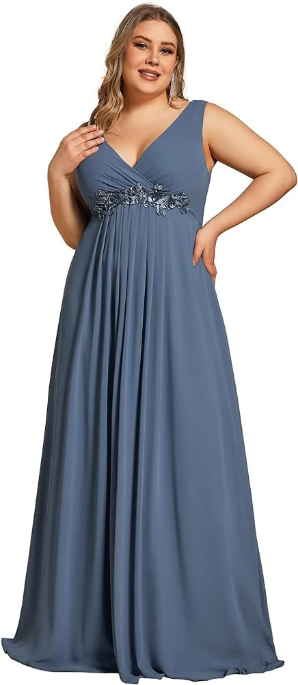 Ever-Pretty Plus Women's Maxi V Neck Long Slit Sleeves Floral Applique Formal Evening Dress Plus ... | Amazon (US)