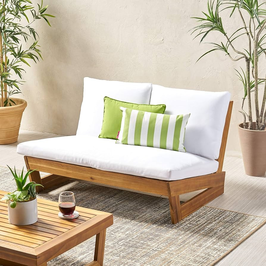 Great Deal Furniture Kaitlyn Outdoor Acacia Wood Loveseat with Cushions, Teak and White | Amazon (US)