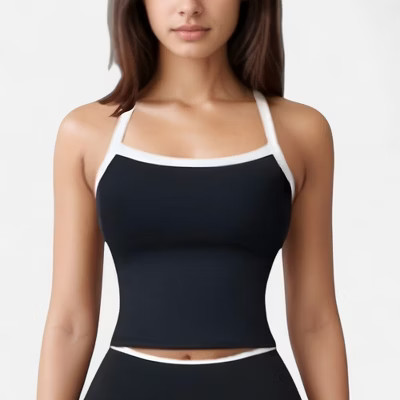 Anna-Kaci Active Women's Square Neck Cropped Active Tank with Contrast Trim and Built-In Bra for Light Support - X Large, Black | Target