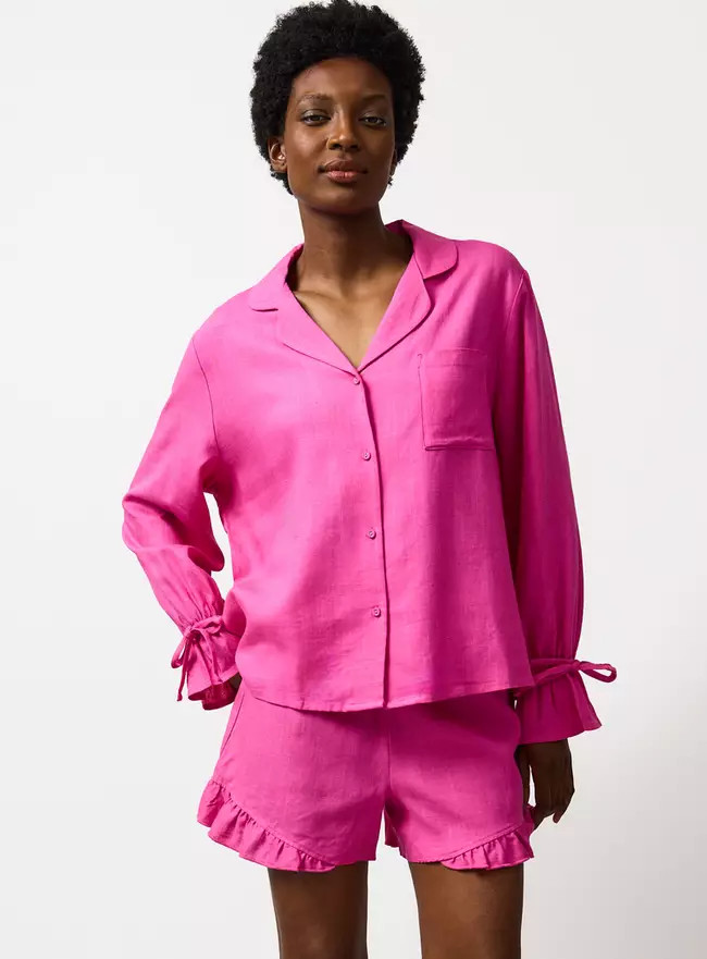 Buy Pink Frill Detail Shortie Traditional Pyjamas with Linen 12 | Pyjamas | Tu | Tu Clothing