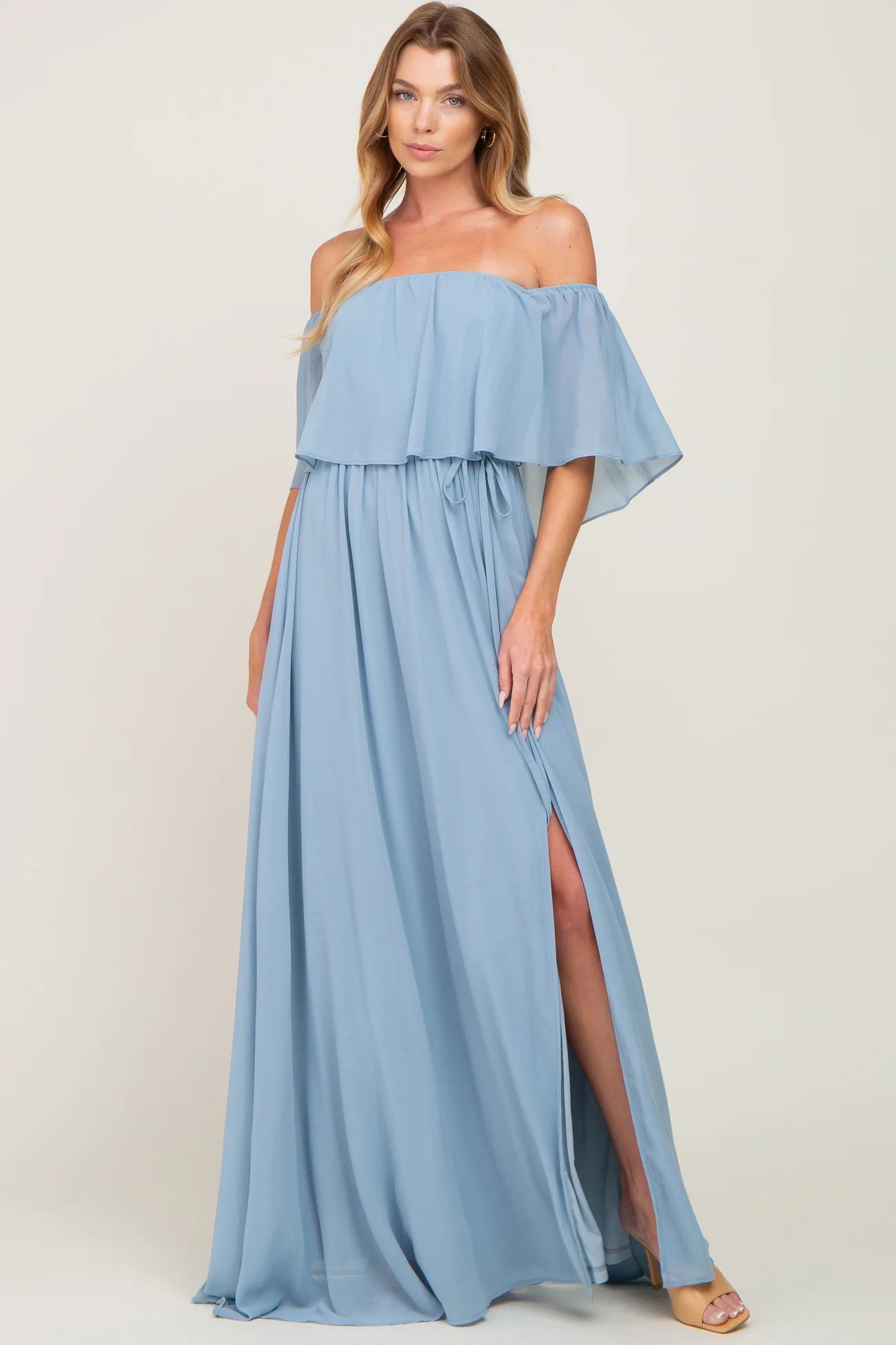 Light Blue Chiffon Off Shoulder Maternity Maxi Dress | PinkBlush Maternity