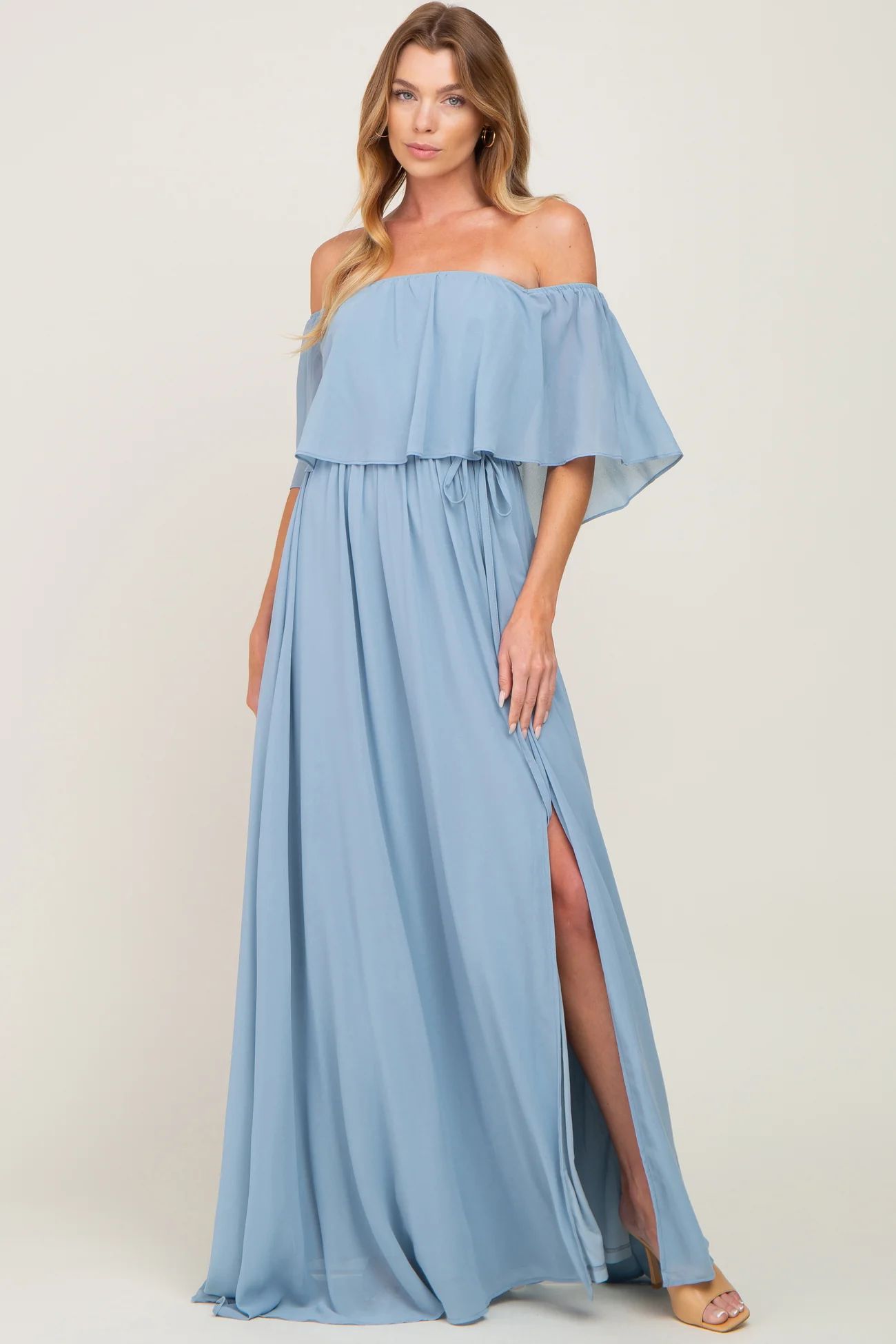 Light Blue Chiffon Off Shoulder Maternity Maxi Dress | PinkBlush Maternity