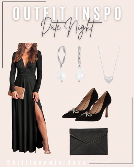 Date night outfit inspo from Amazon.

Maxi dress v neck. Black silver bow high heels. Pearl earrings. Kendra Scott heart necklace. Black clutch purse. 

#LTKparties #LTKstyletip #LTKfindsunder100