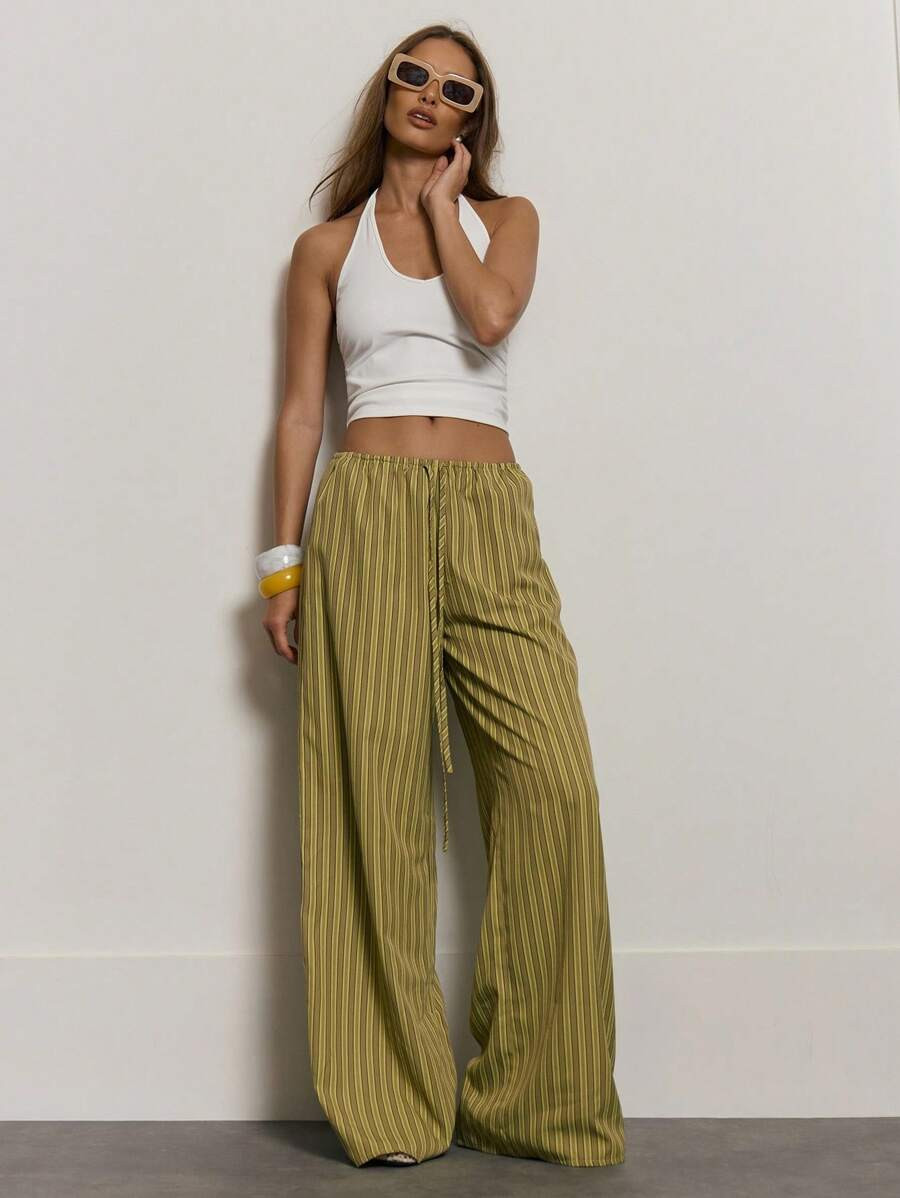 MUSERA Stripe Drawstring Wide Leg Trousers Cute Summer Holiday Vacation Casual Elegant Beach Line... | SHEIN