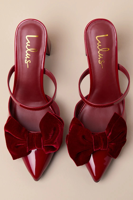 Emmarie Cherry Patent Bow Pointed-Toe Mule Pumps | Lulus