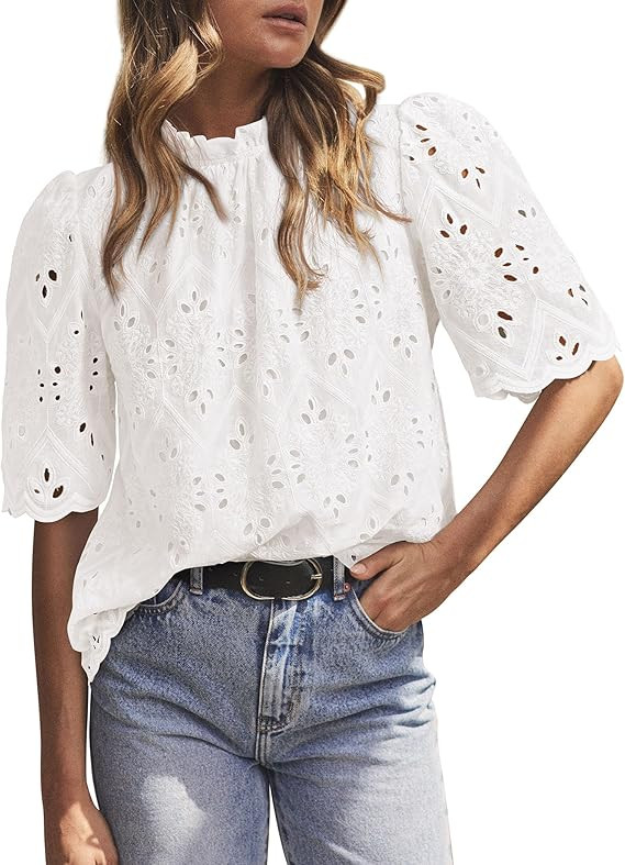 PRETTYGARDEN Summer Tops for Women 2025 Trendy Short Sleeve Eyelet Embroidered Dressy Casual Blou... | Amazon (US)