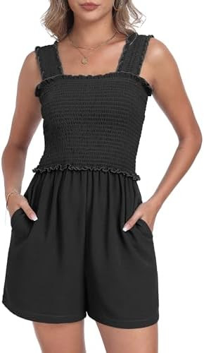 QIXING Women's Summer Casual Rompers Dressy Smocked Loose Comfy Short Jumpsuits Vacation Outfits ... | Amazon (US)