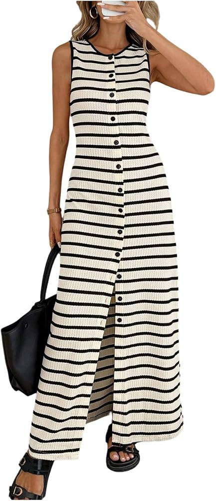GORGLITTER Women's Striped Maxi Dress Button Down Going Out Date Night Sleeveless Long Tank Brunc... | Amazon (US)