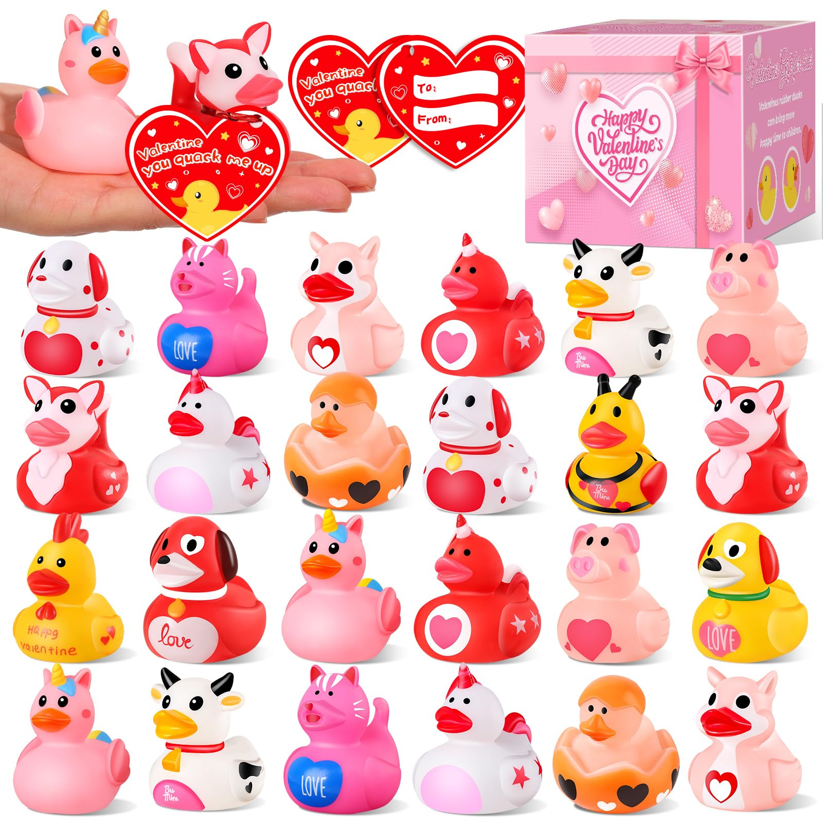 24 Pcs Rubber Ducks with Valentines Day Cards for Kids School Classroom, Valentines Theme Rubber ... | Amazon (US)