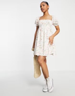 Abercrombie & Fitch puff sleeve smocked bodice mini dress in pink | ASOS (Global)