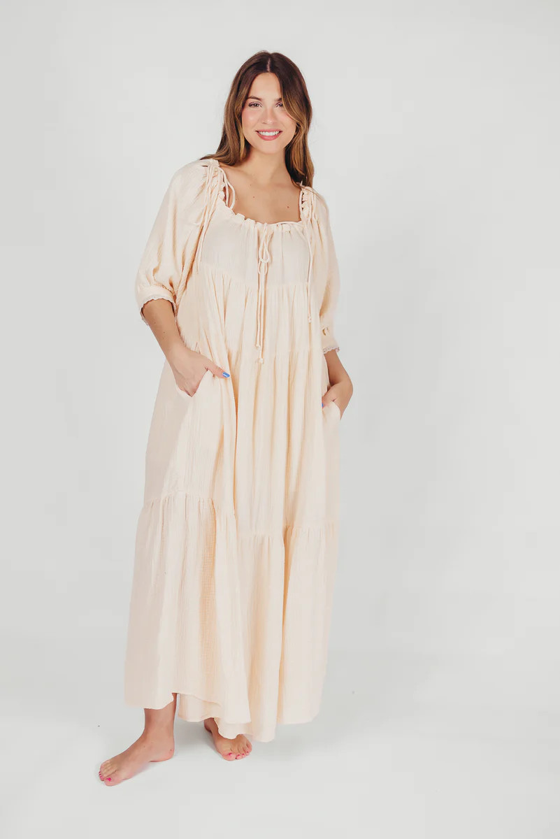 Goddess 100% Cotton Babydoll Maxi Dress in Blush - Bump Friendly | Worth Collective