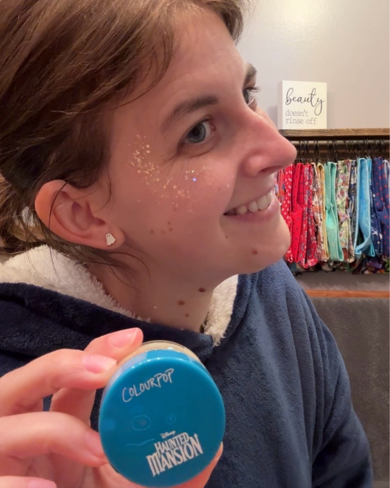 Colourpop haunted mansion glitter 
It’s supposed to glow in the dark but doesn’t glow very much even when using a black light to change it. So if you are only wanting it because it glow definitely skip it but if you are just wanting some glitter i love it!! 

#LTKStyleTip #LTKHalloween #LTKSeasonal