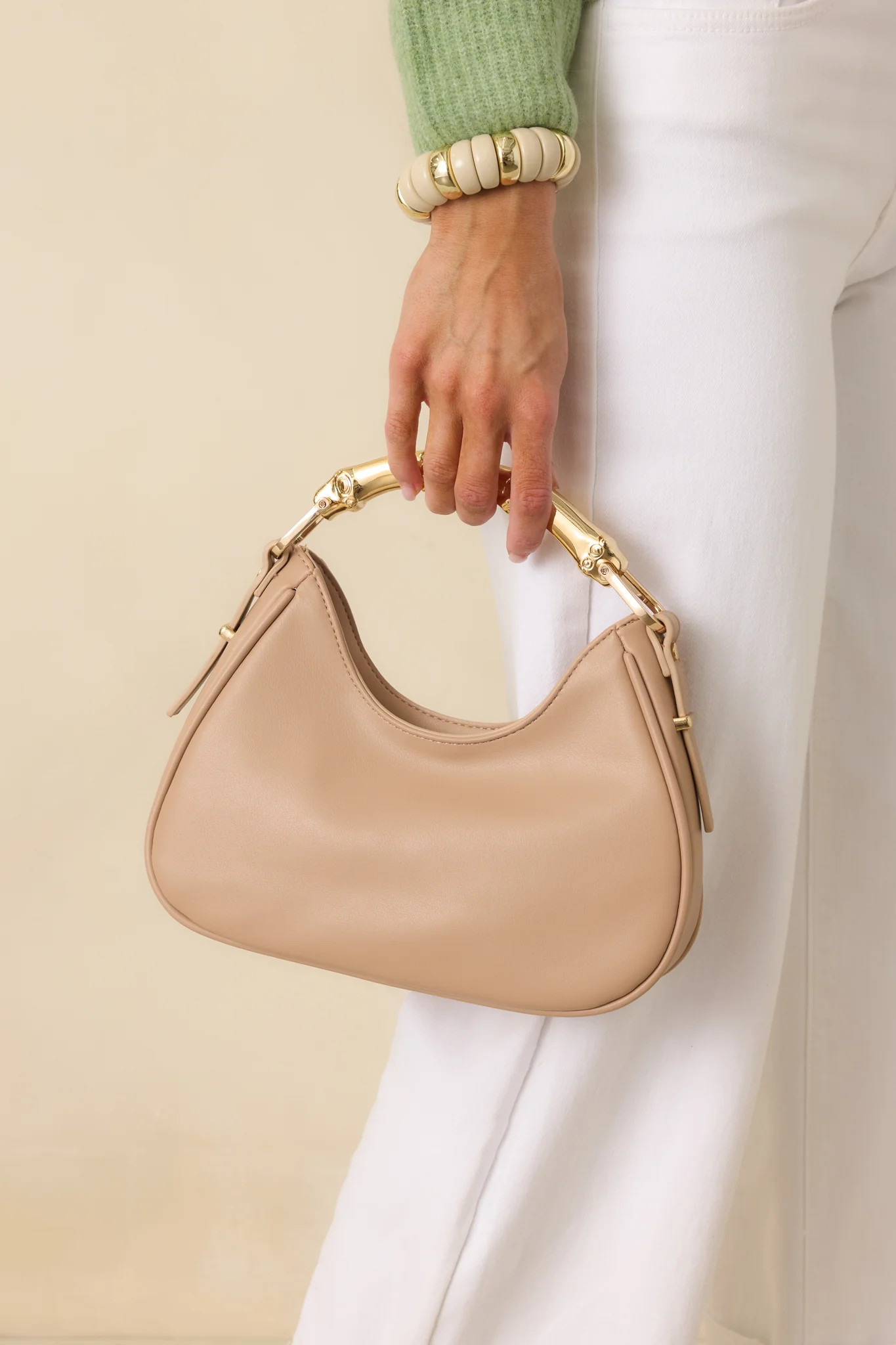 Meet Me There Beige & Gold Bamboo Detail Handbag | Red Dress